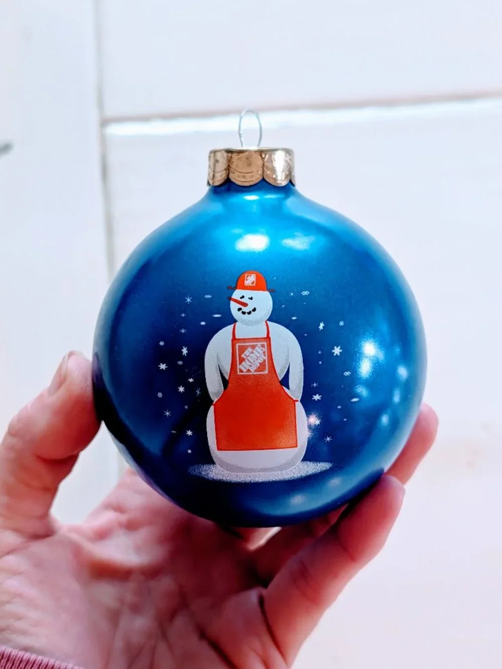 VTG 2005 Home Depot Blue Glass Ball Christmas Ornament Snowman USA Boxed Holiday